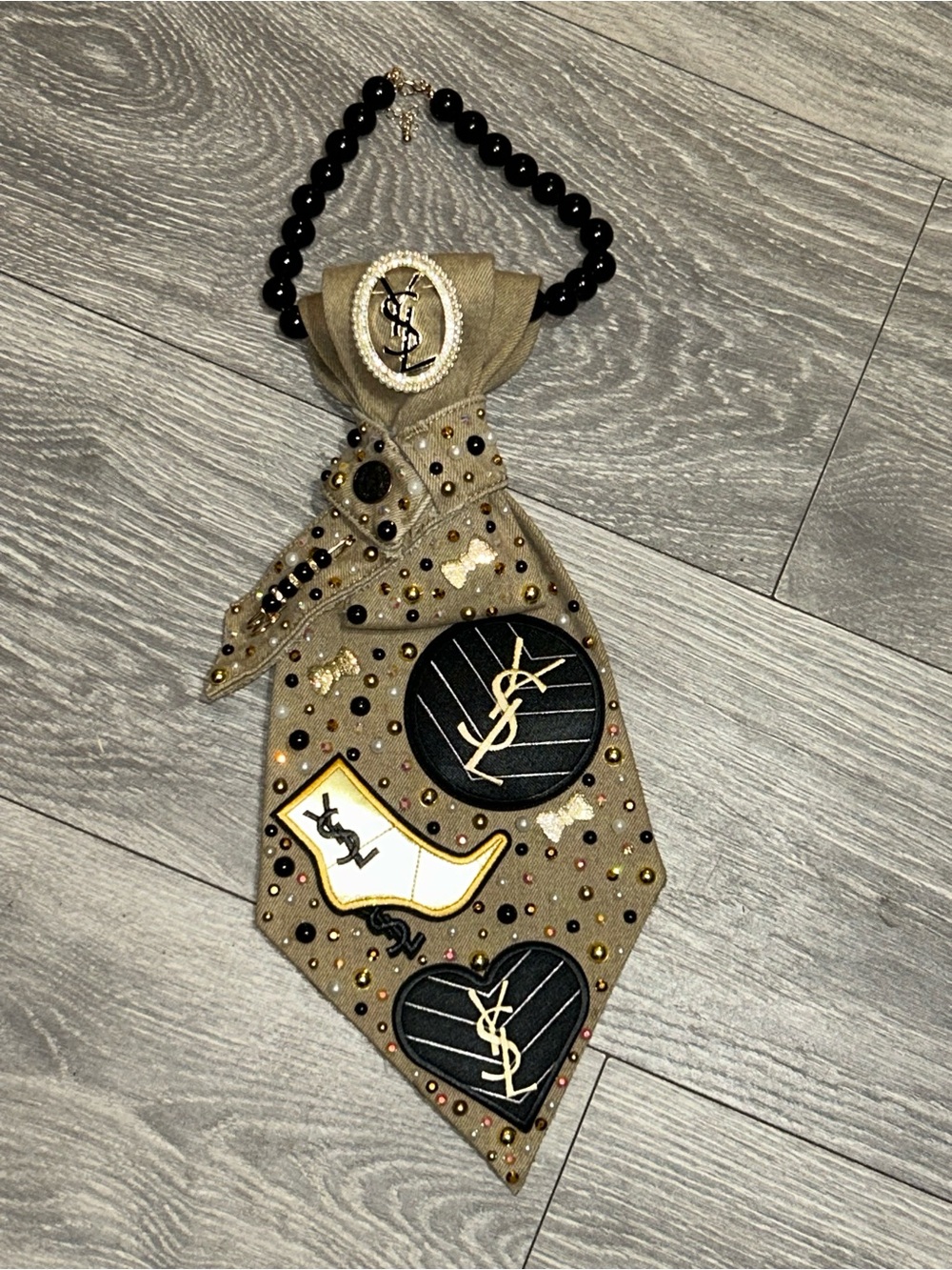 Custom Upcycled Khaki Denim with Gold and Black Embellishments Necktie - Picture 3 of 4